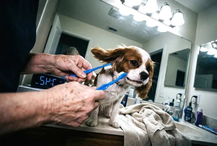 Dog turning away from a toothbrush