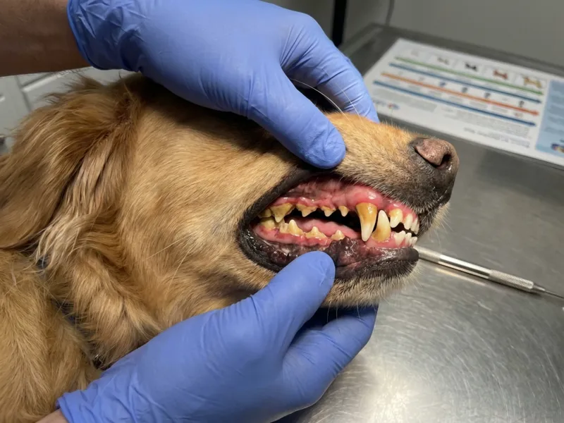 Dog teeth with plaque and tartar buildup
