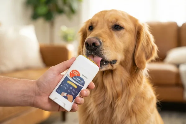 Dog licking the dental stick